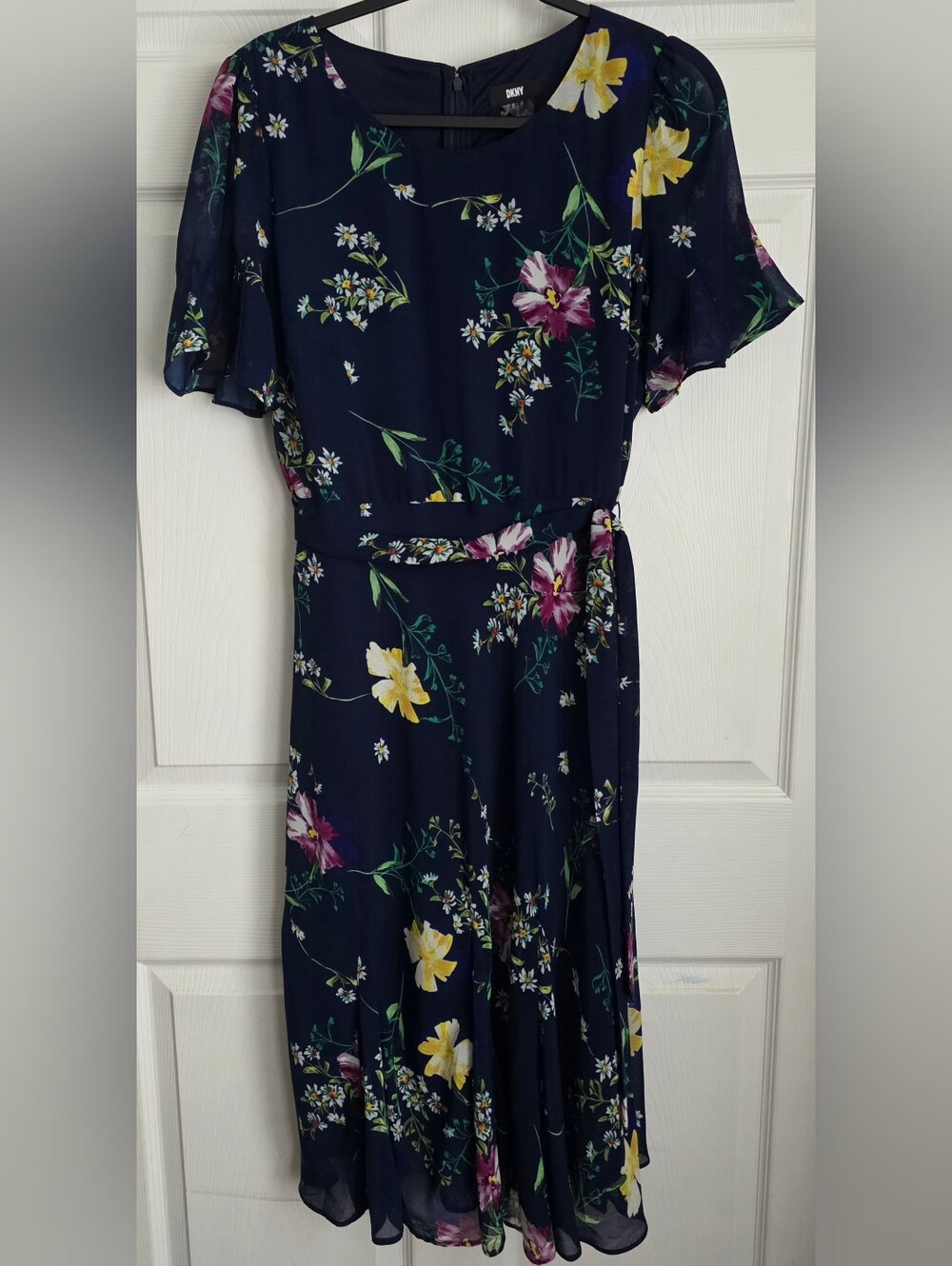 DKNY Navy Floral Flutter Sleeve Belted Midi Dress Sz 14 DD1A3843 NMU Cottagecore